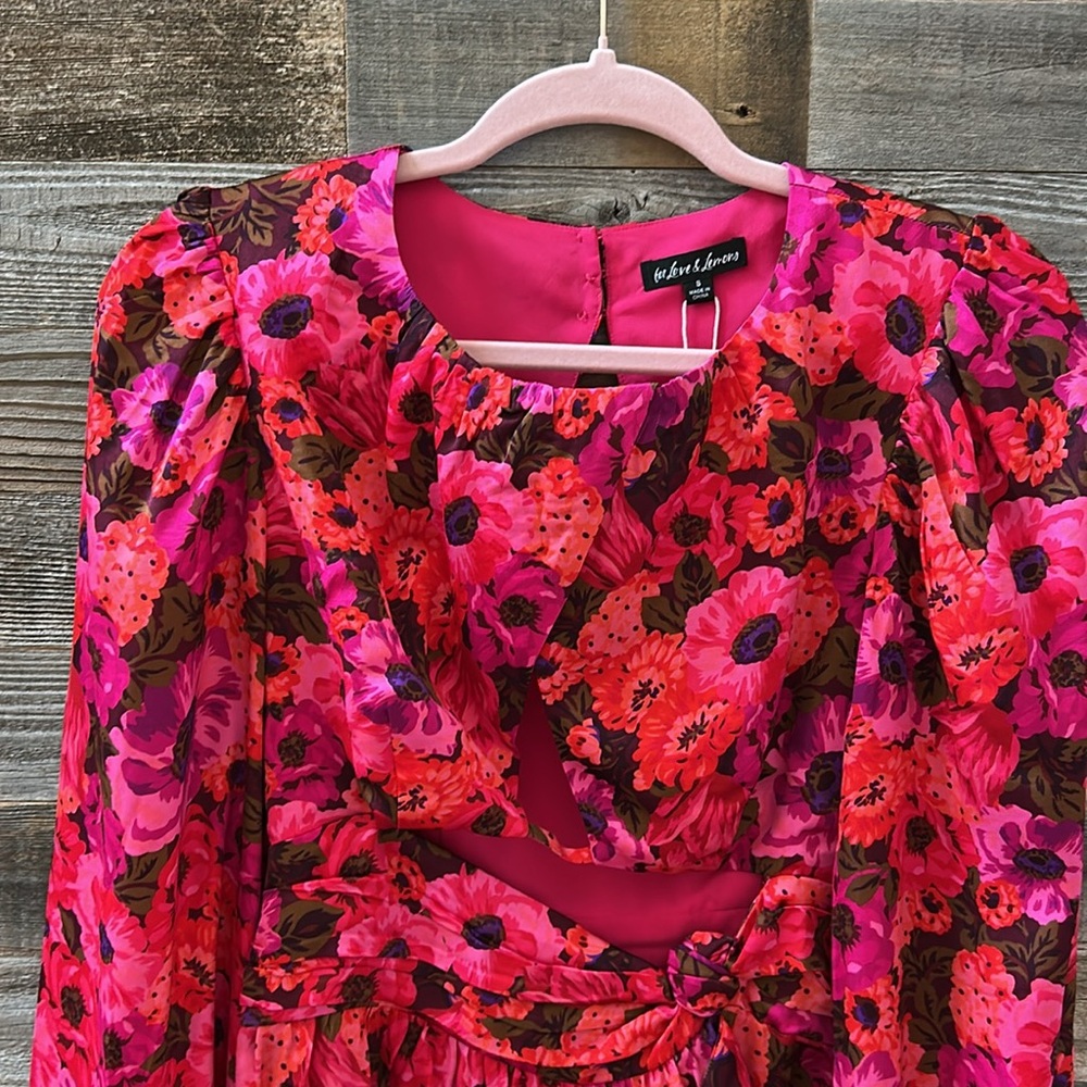 For Love & Lemons ‘Lauren’ Red Floral Long Sleeve Front Cut Out Mini Dress Small - Picture 4 of 12